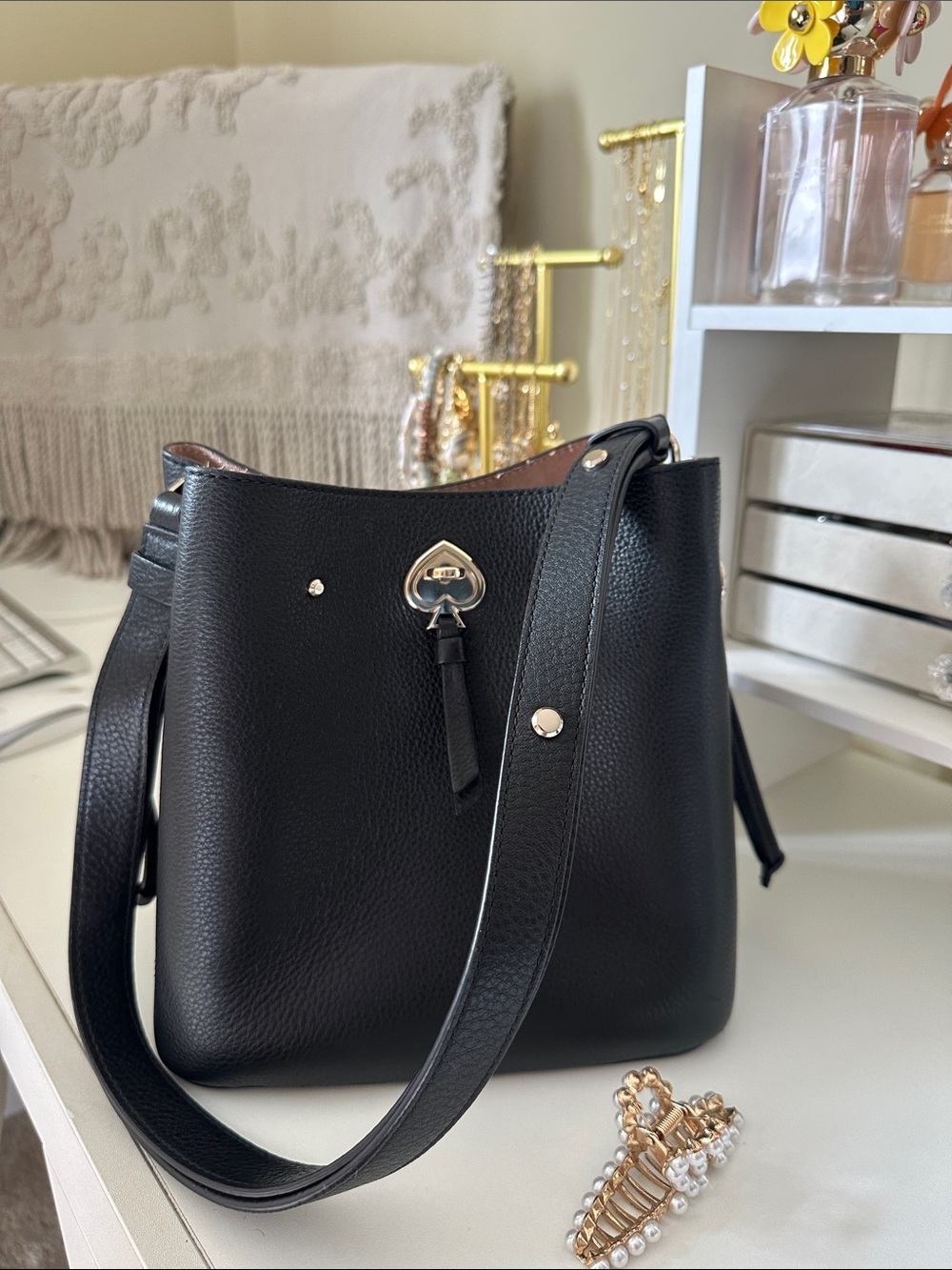 Kate Spade Black Leather Bucket Bag with Adjustable Strap